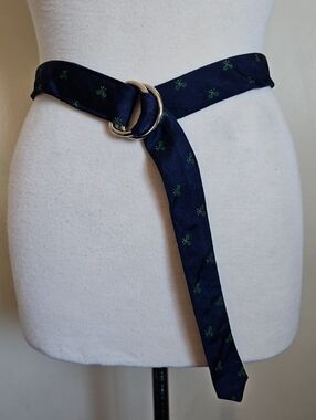 J. Crew Silk Navy Green Tennis Rackets Printed Double D-Rings Belt Size Small